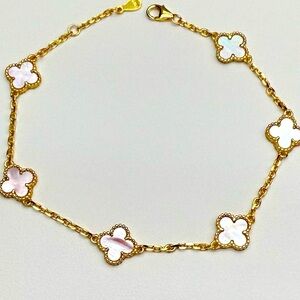 BCL14 BlushPink Mother of Pearl STATION Dainty Clover Bracelet 18YellowGold S925